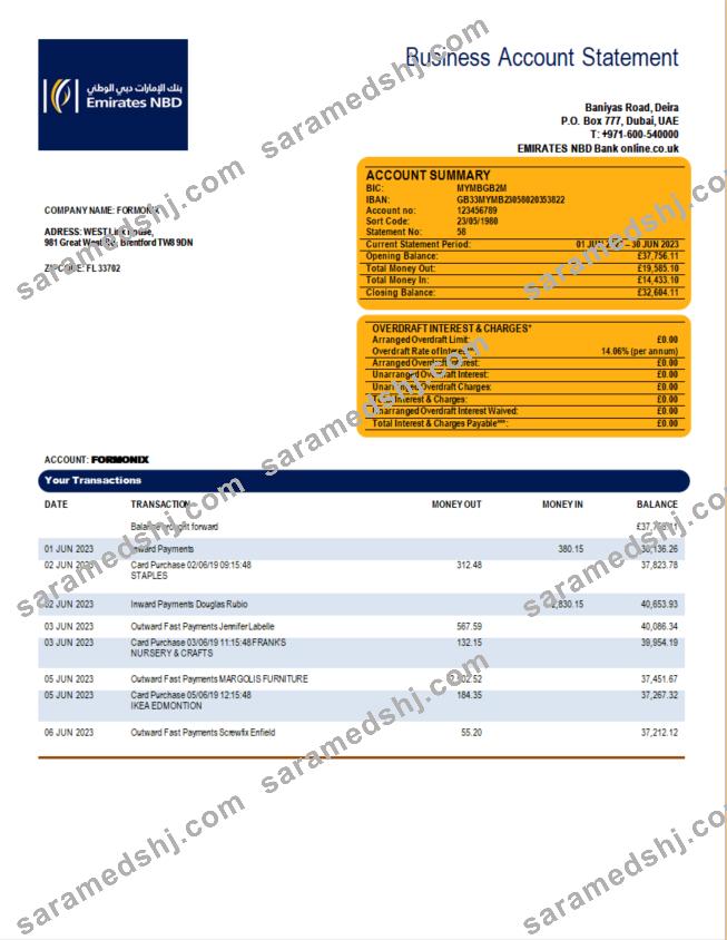 Emirates NBD Bank organization statement Word and PDF template